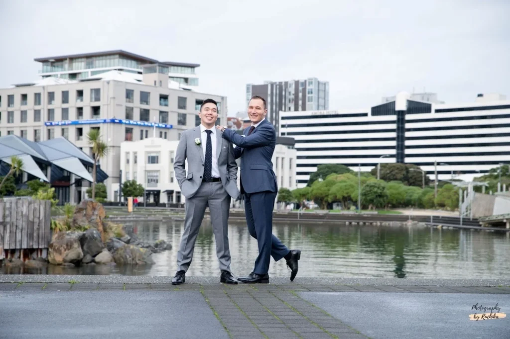 Gay couple posing for a Wedding photoshoot