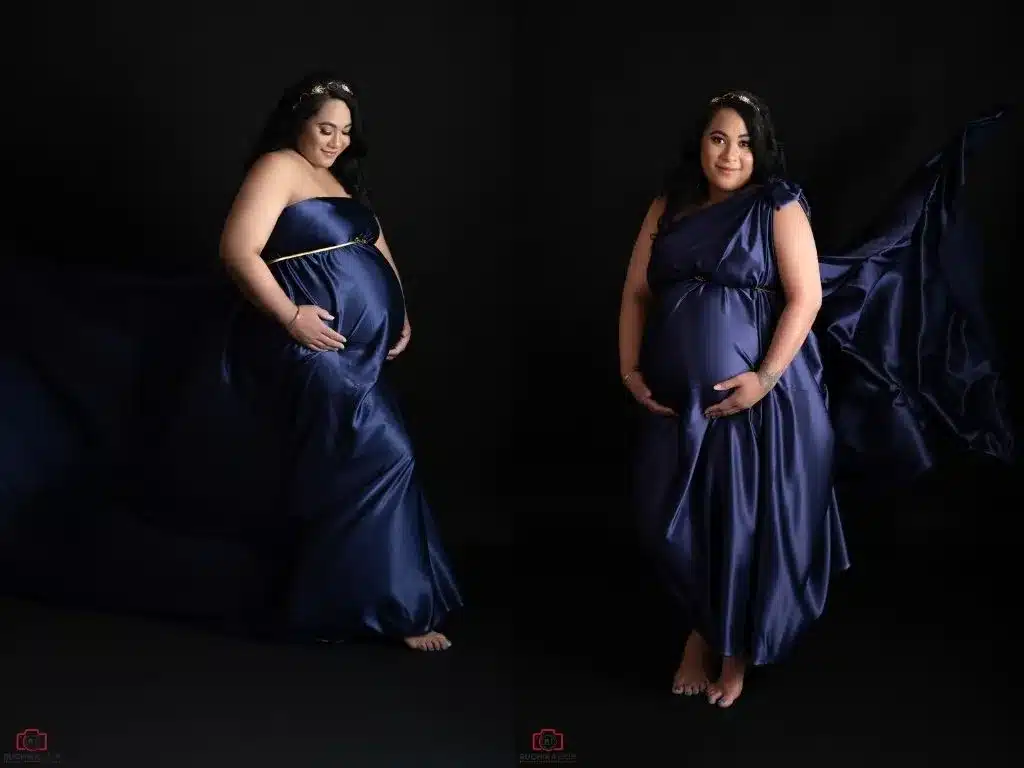 A glowing mom-to-be in a flowing navy blue gown during a professional maternity photoshoot in Wellington, captured by Ruchika Jain Photography