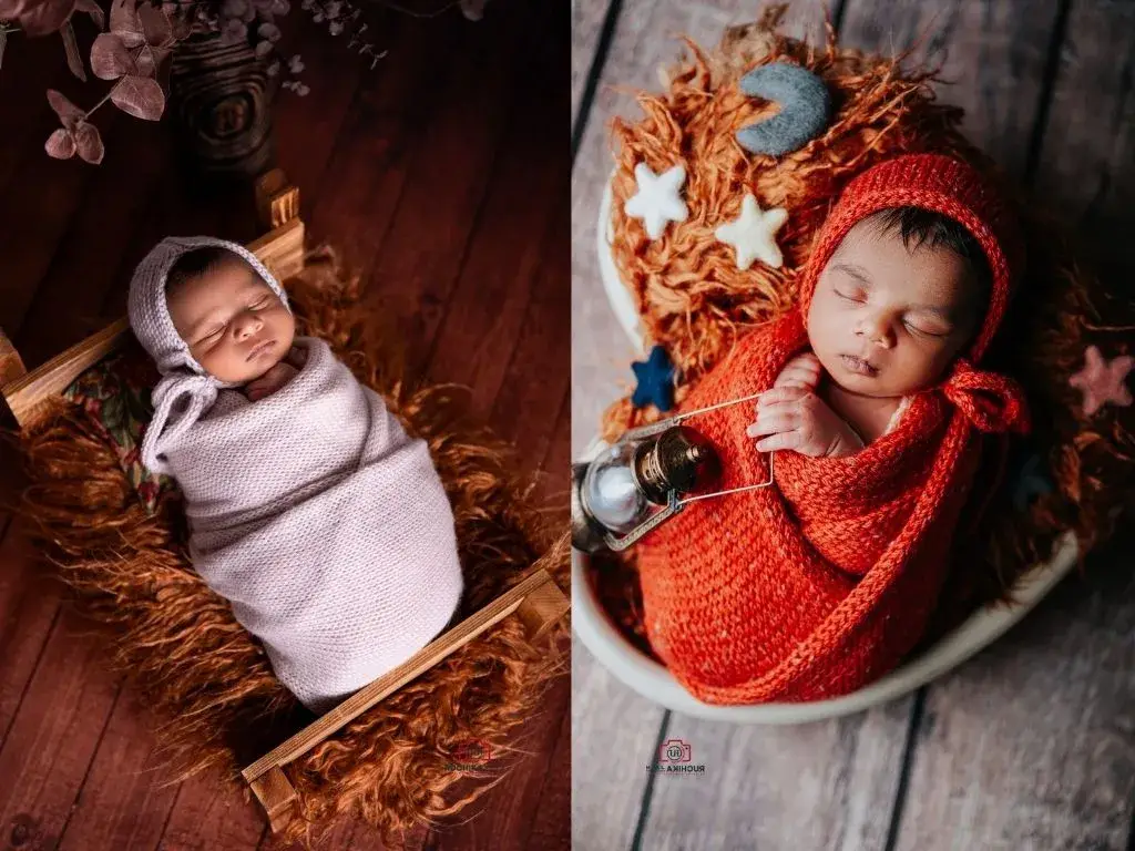 Collage of a newborn baby swaddled in different setups: on the left, wrapped in a white blanket on a wooden bed with a rustic backdrop; on the right, swaddled in a vibrant red wrap with celestial props, creating a whimsical theme