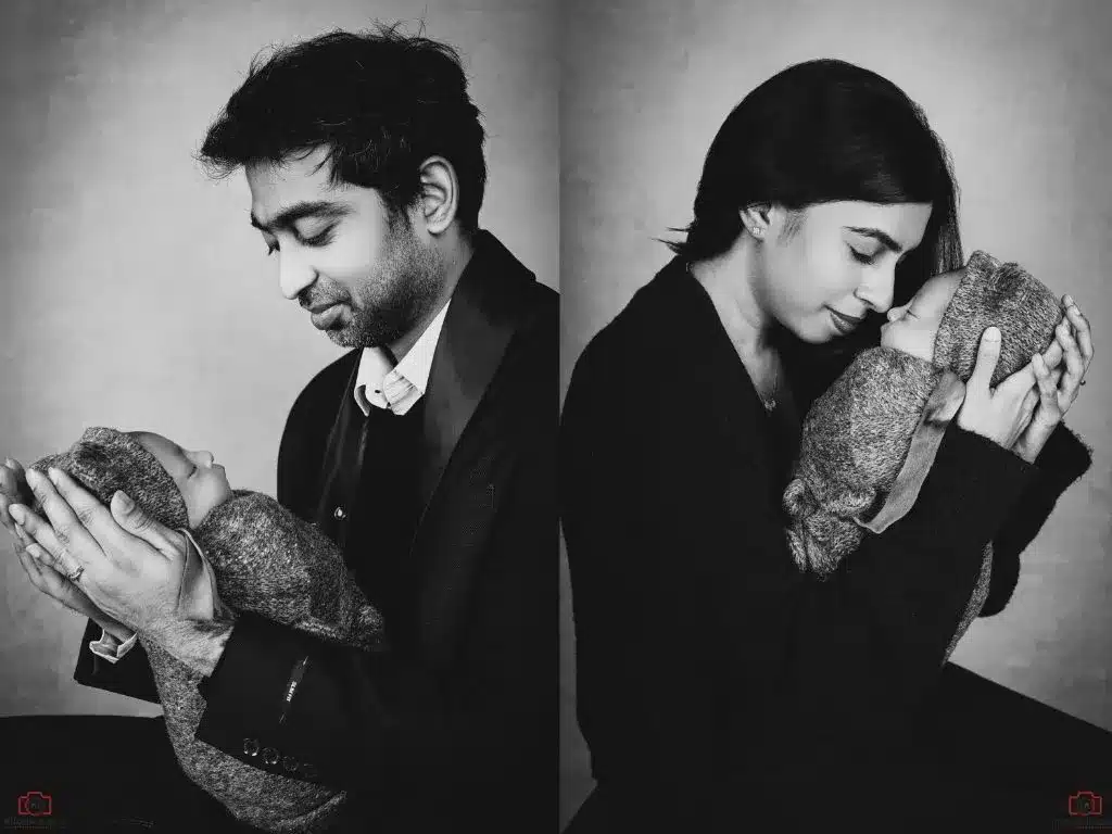 Collage of parents each holding their newborn baby, father gently holding baby in his hands, and mother forehead-to-forehead with baby, showcasing tender moments of parenthood