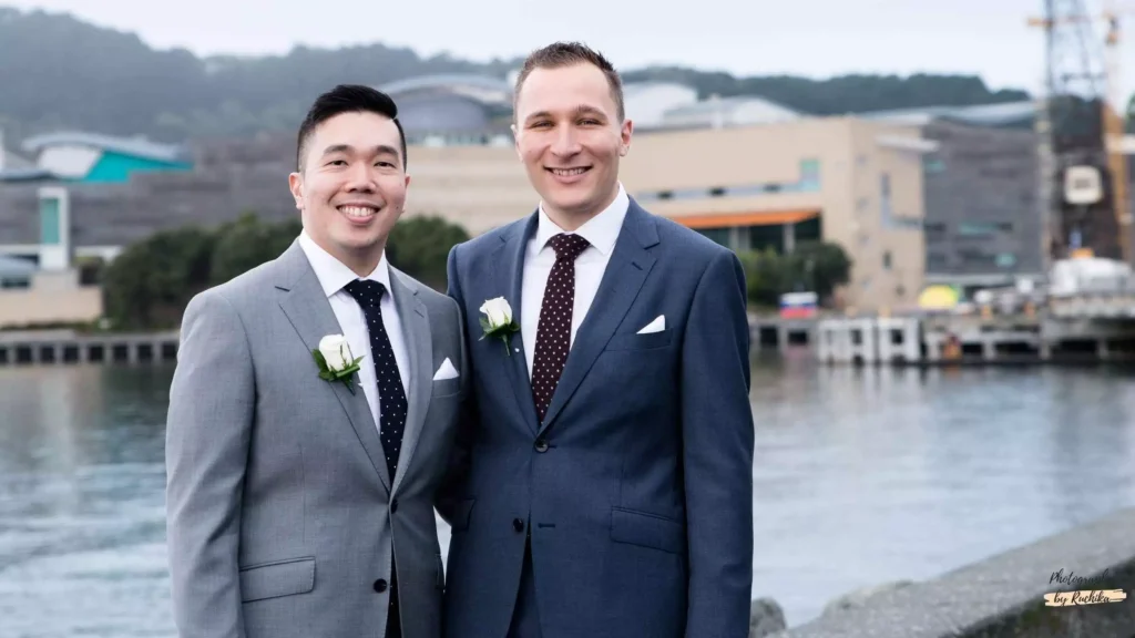 Wedding Outfit Inspiration - Gay Couple Portrait in Well-Suited Elegance, Wellington, New Zealand.