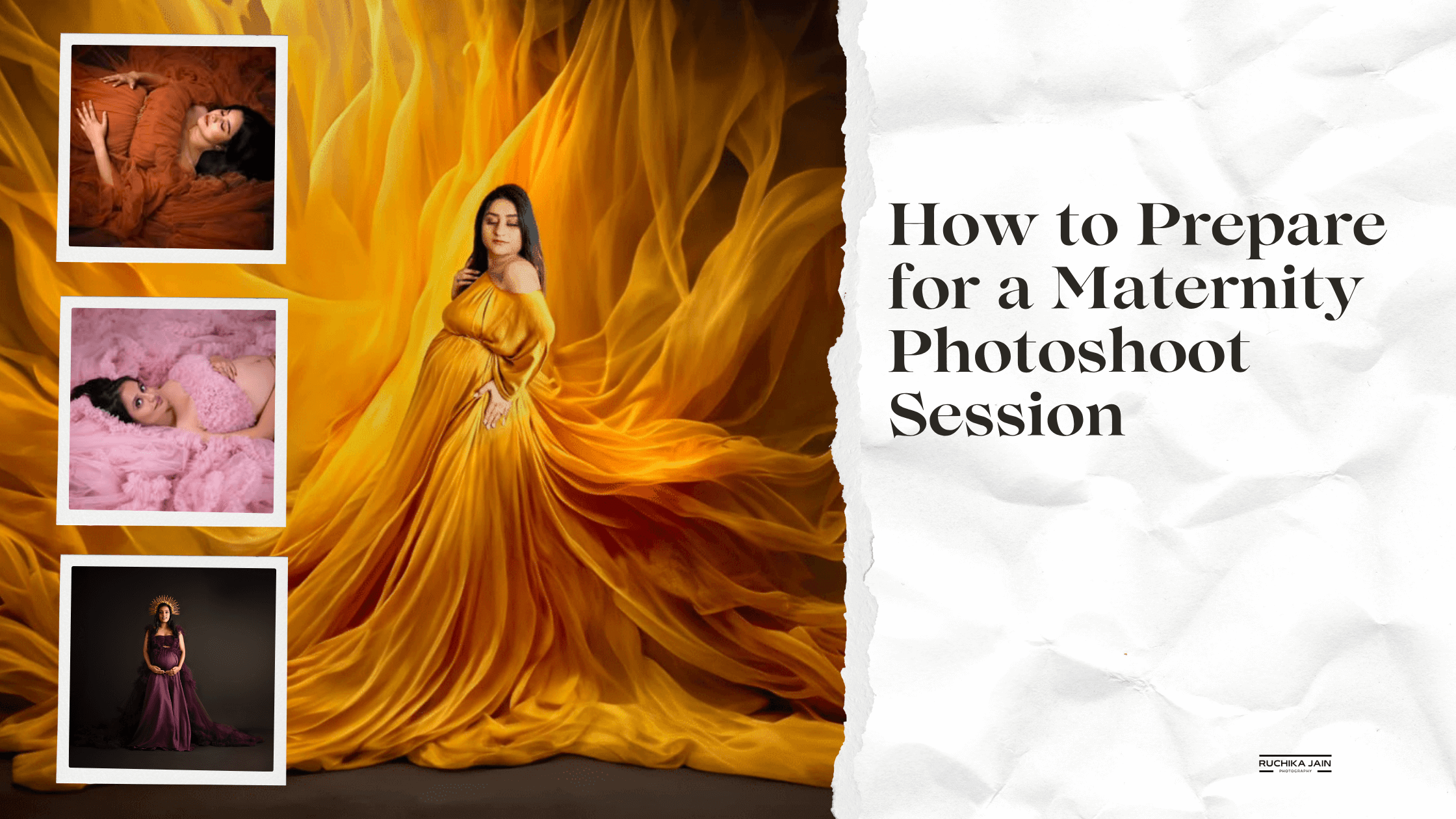 Elegant maternity photoshoot with flowing golden gown in Wellington studio